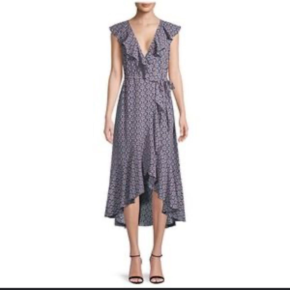 Max Studio Women's Ruffle Front Geometric Print Midi Dress Sz Medium Pink Navy
